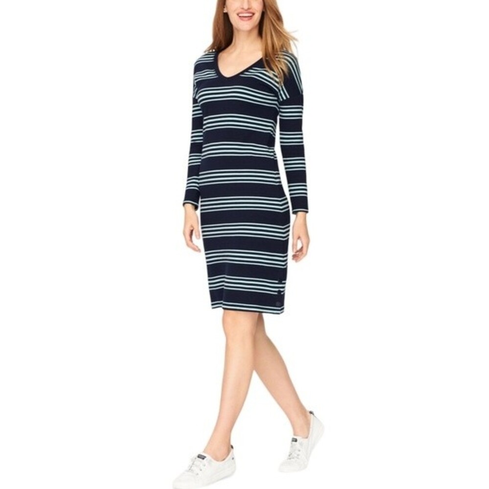 Talbots T by Talbots V-Neck Cotton Modal Stripe Dress Indigo/Gulf Stream Terry